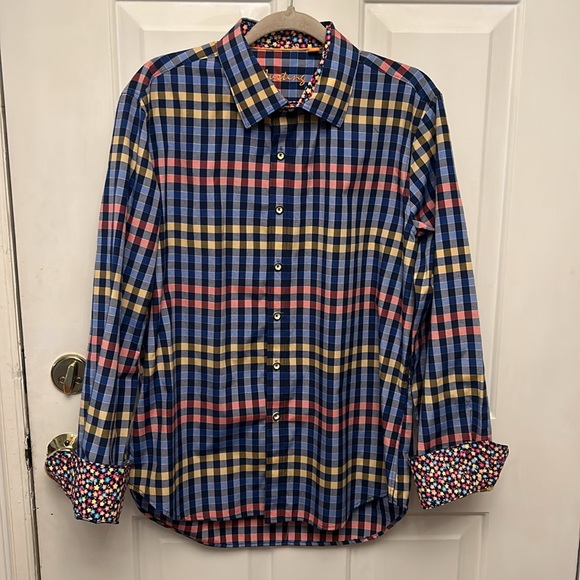 Justing tailored button down shirtt XL Plaid with floral inside cuff and collar - Picture 1 of 16
